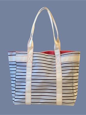Estee Lauder Blue & Navy Striped Canvas Tote with Cream Handles
